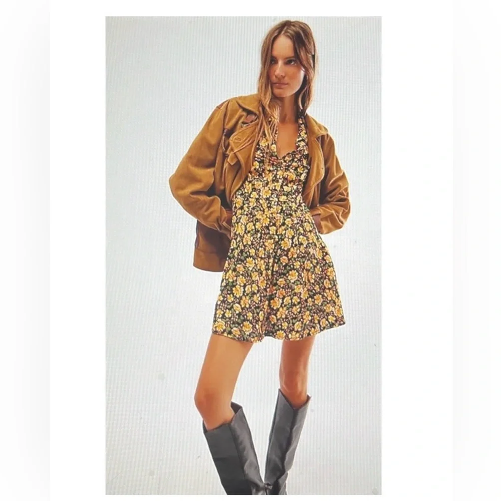 Free People Floral Marvelous Mia Long Sleeve Dress - Yellow and Black - Picture 1 of 7